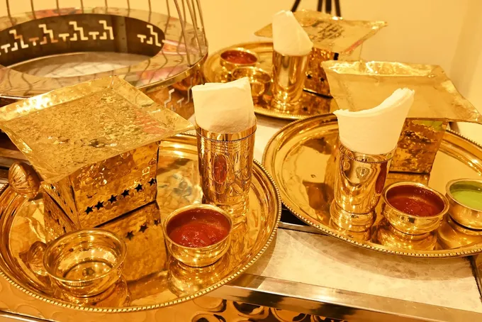 Service in hammered brass